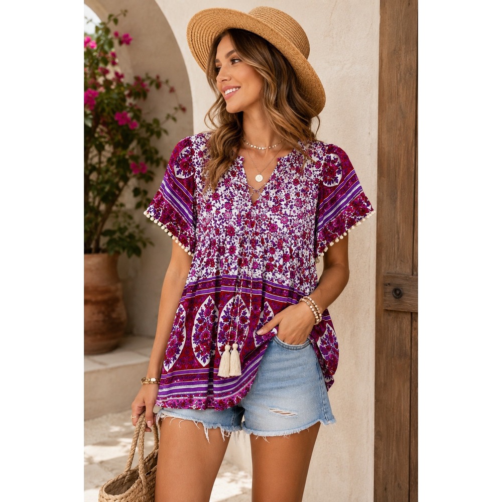 THML Women Small Boho Floral Peasant Blouse Rayon Tassel Cottagecore Festival